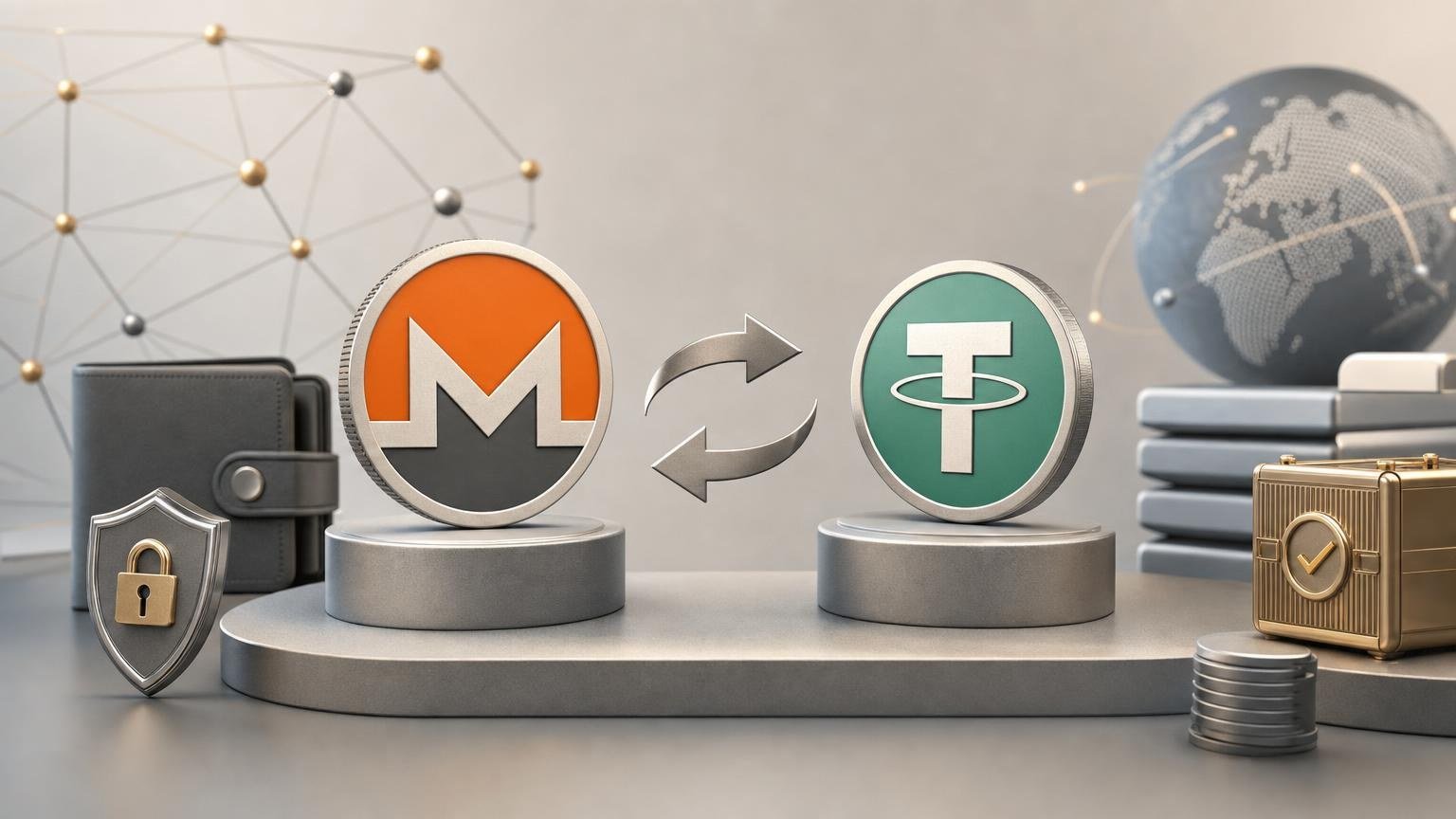 A step-by-step XMR-to-USDT exchange route showing Monero deposit checks, USDT network selection, confirmations, and transaction status